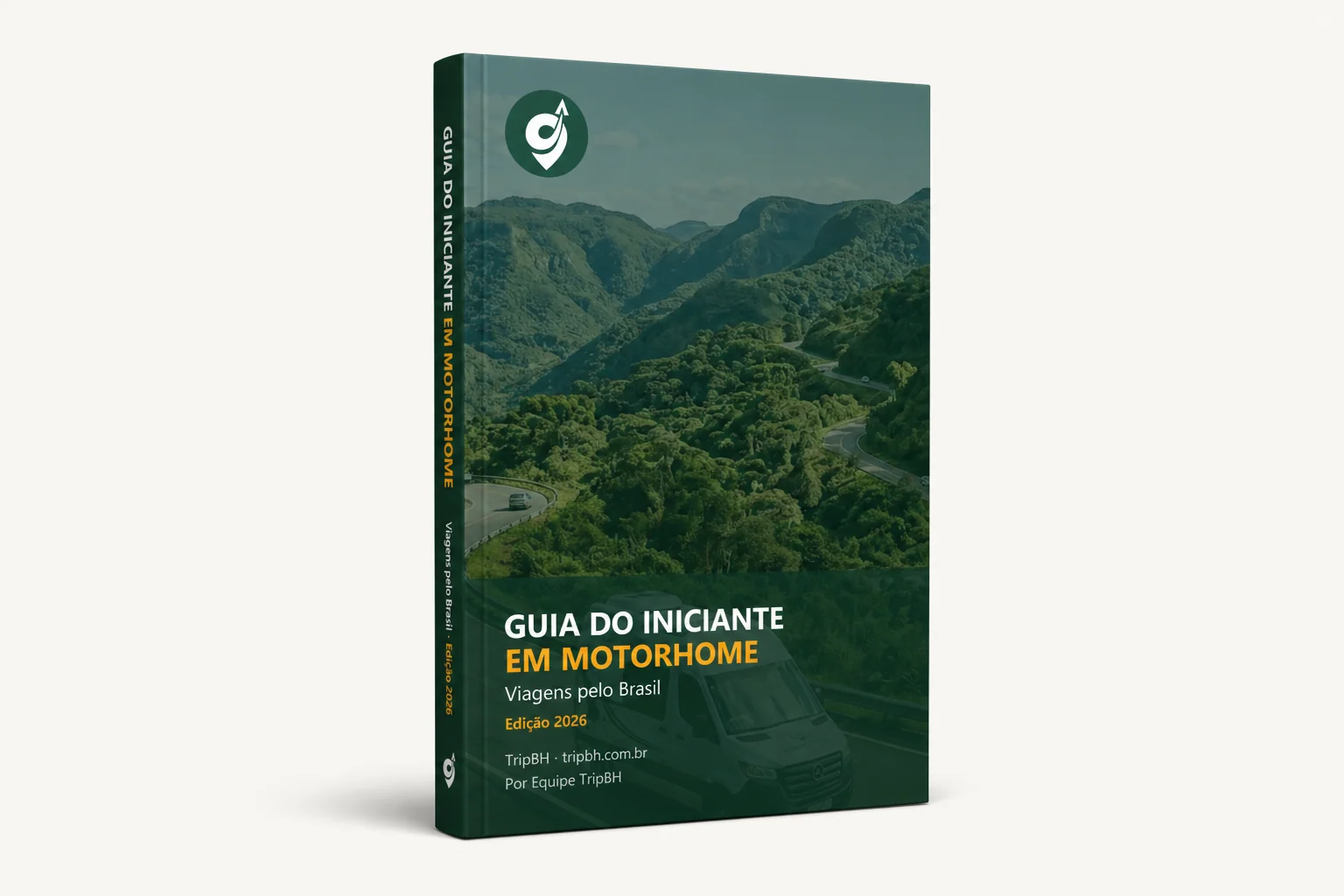 Guia do Iniciante em Motorhome — mockup 3D do ebook Viagens pelo Brasil, edição 2026, TripBH