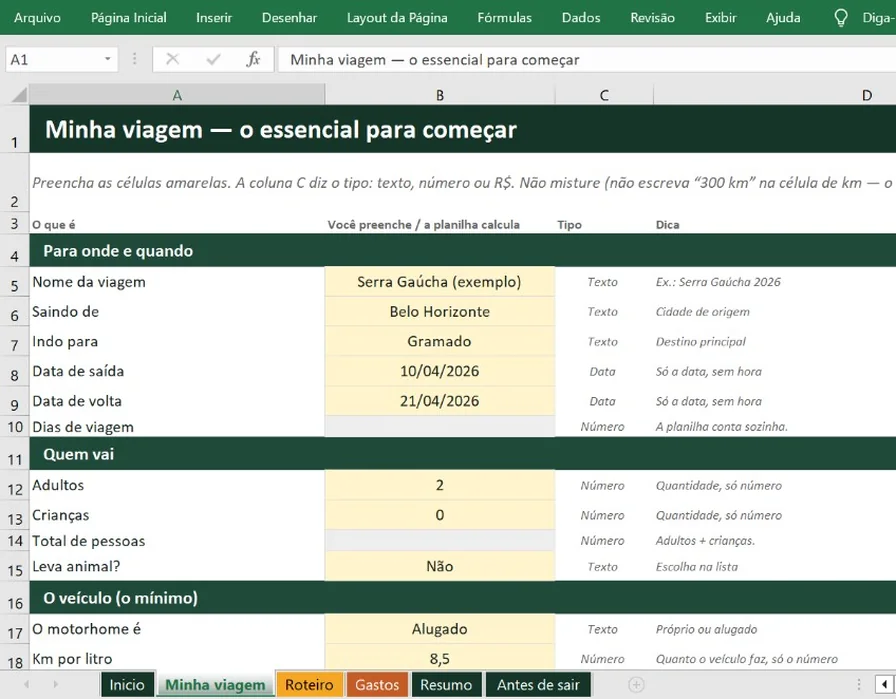Prévia da Planilha de Viagem de Motorhome TripBH
