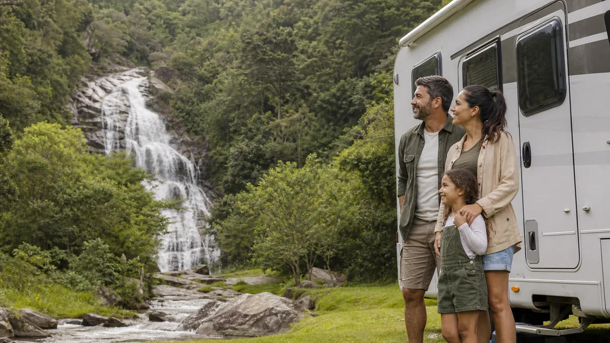 Família ao lado de veículo recreativo em camping perto de cachoeira sob luz da manhã