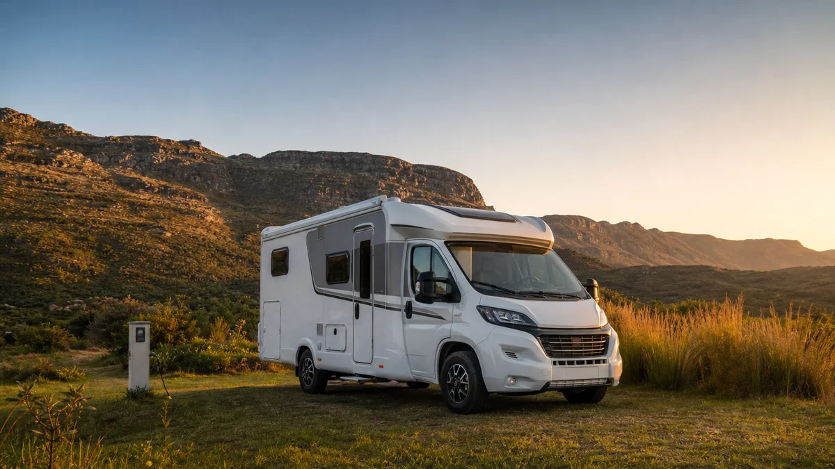 Motorhome branco em gramado plano ao pôr do sol, com serras rochosas e vegetação típica de Minas Gerais ao fundo