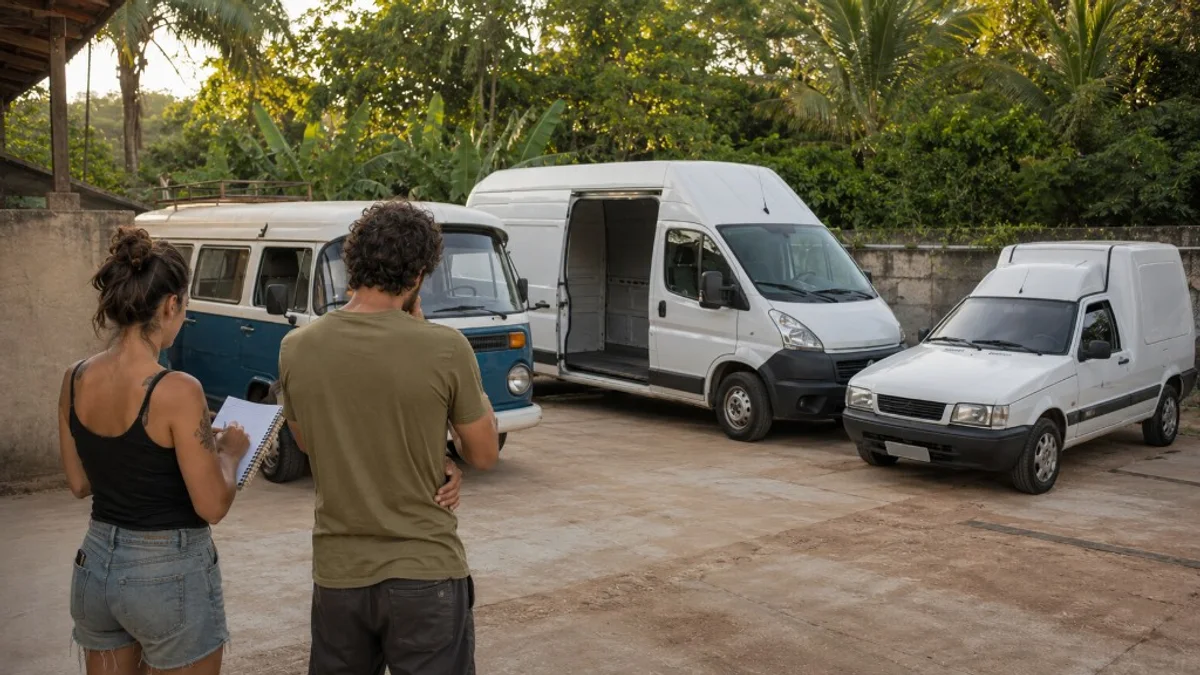 Casal comparando Kombi, furgão branco e Fiorino como carros para fazer motorhome em pátio ao ar livre no Brasil