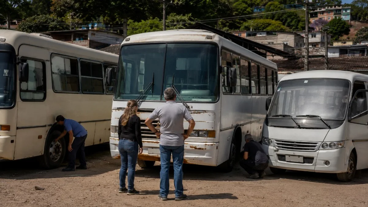 Casal e mecânico examinam três coletivos estacionados em pátio aberto sob luz diurna