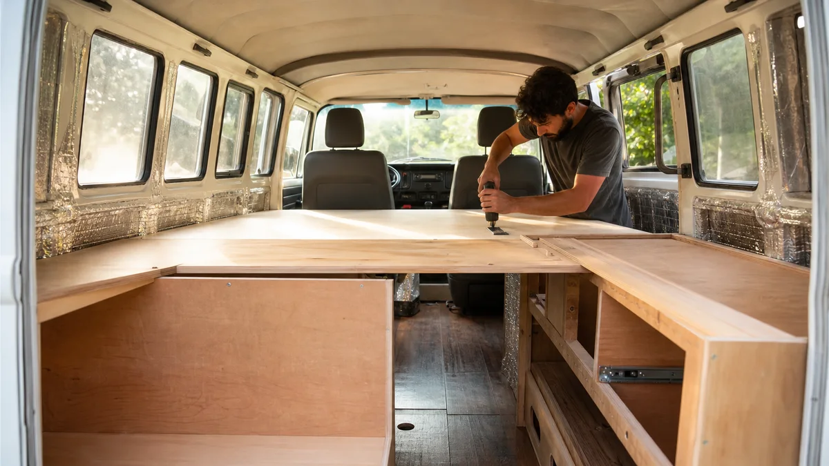 Interior da Kombi em conversão com estrutura de cama em compensado e forro de madeira sendo instalado