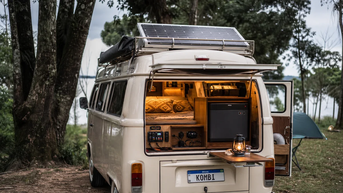 Painel solar no teto de Kombi em camping com portas traseiras abertas e sistema elétrico 12 volts visível