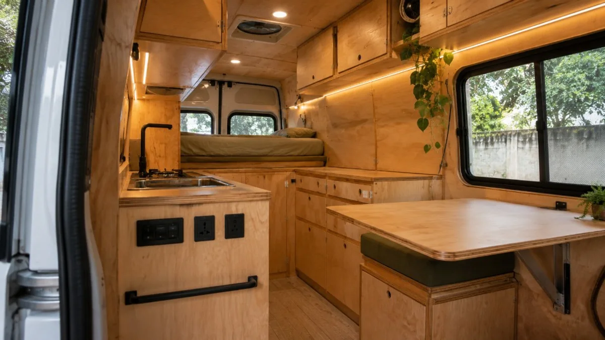 Interior de van convertida em motorhome com cozinha compacta, cama elevada, marcenaria em madeira clara e iluminação LED