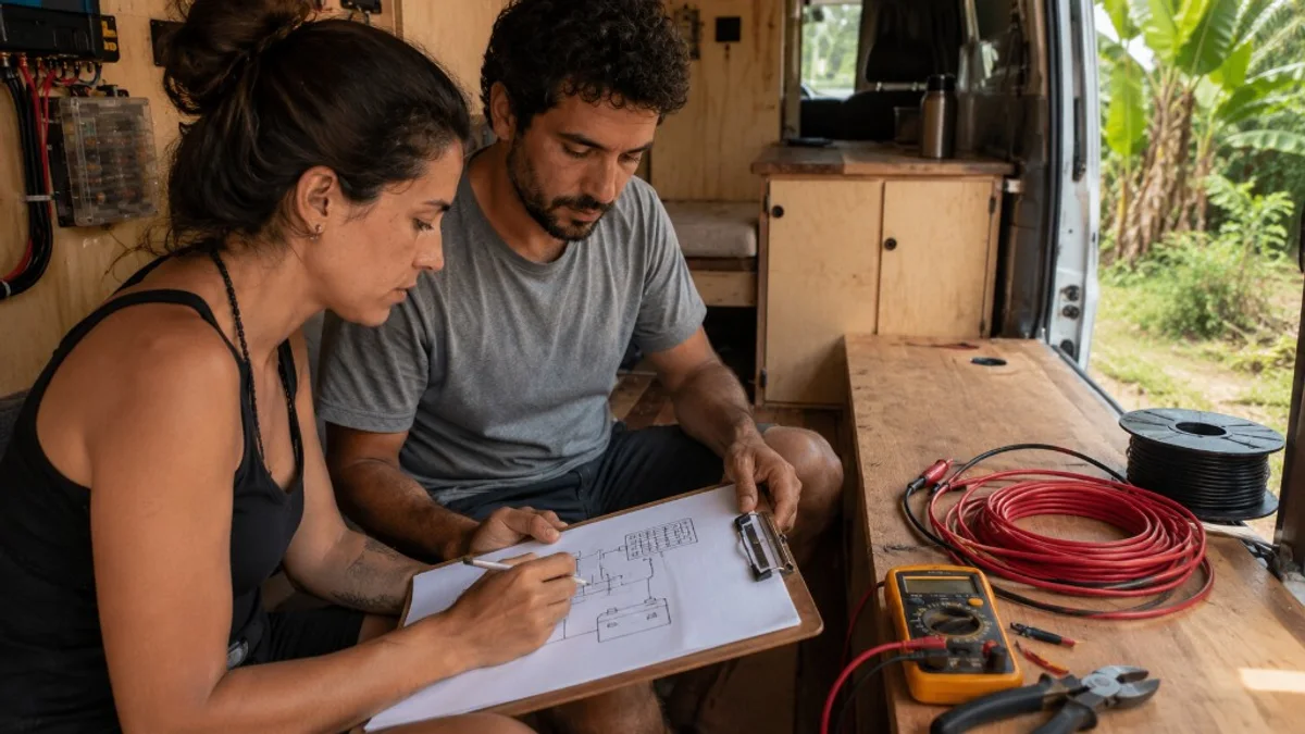 Casal desenhando esquema elétrico 12V em prancheta dentro de van em conversão, com cabos e multímetro sobre bancada no Brasil