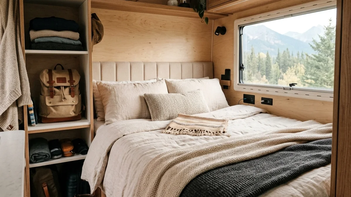 Interior iluminado de motorhome com cama de casal arrumada e compartimentos de bagagem organizados.