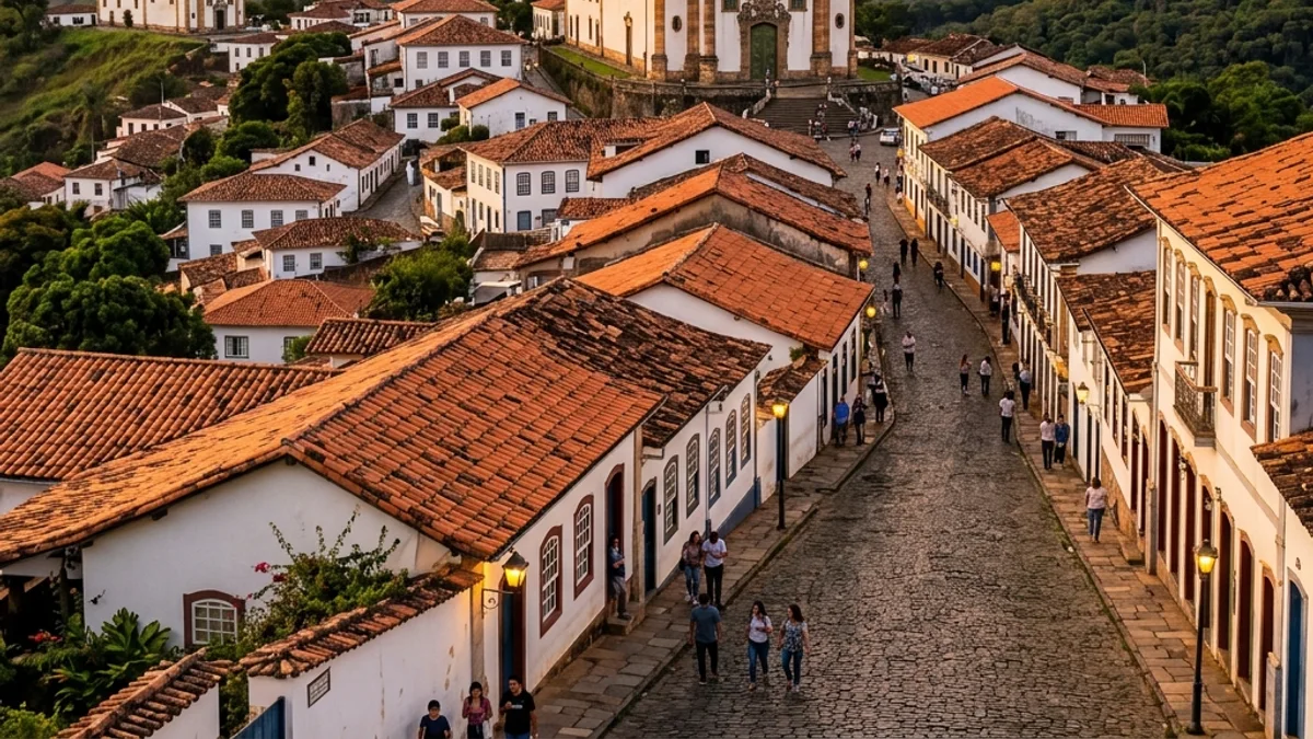 Vista panorâmica de Ouro Preto, Minas Gerais, com suas casas coloniais e igrejas barrocas ao pôr do sol.