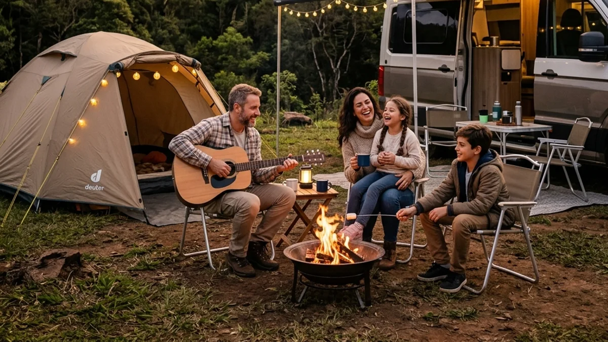 Família reunida em um acampamento premium ao pôr do sol, com barraca e motorhome em uma paisagem natural brasileira.