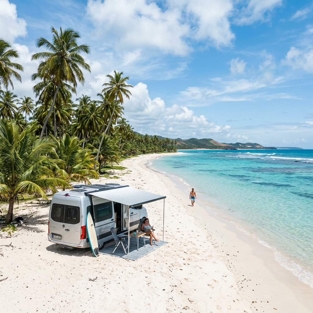 Motorhome moderno estacionado em uma praia paradisíaca no Nordeste brasileiro, cercado por coqueiros, areia branca e mar turquesa