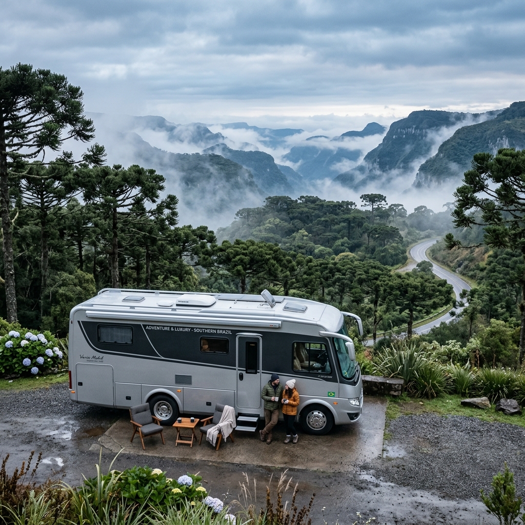 Motorhome estacionado em uma paisagem montanhosa da região Sul do Brasil, cercado por araucárias e névoa matinal