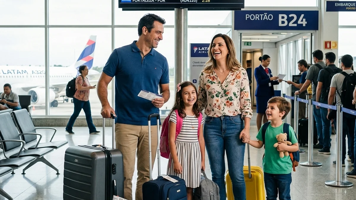 Família feliz se preparando para embarcar no aeroporto com mala despachada e de bordo