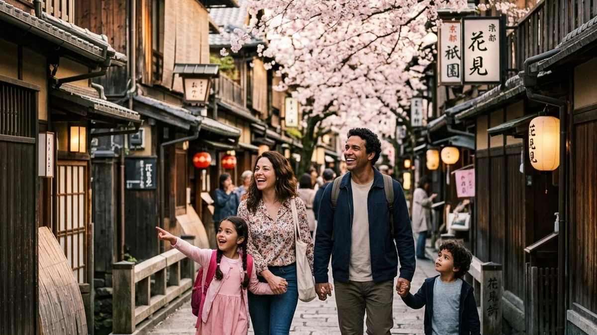 Família brasileira com crianças caminhando encantada pelas ruas tradicionais de Quioto no Japão