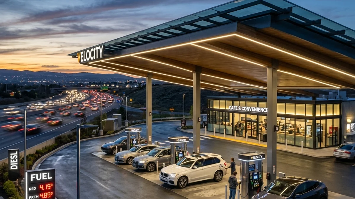 Posto de gasolina moderno e bem iluminado ao entardecer, com carros abastecendo e conveniência premium ao fundo.