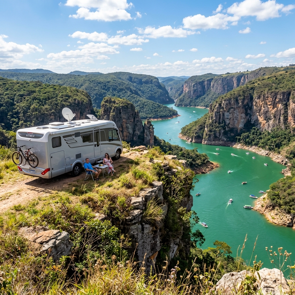 Motorhome estacionado no topo de um cânion com vista para um deslumbrante lago de águas verde-esmeralda em Capitólio, Minas Gerais