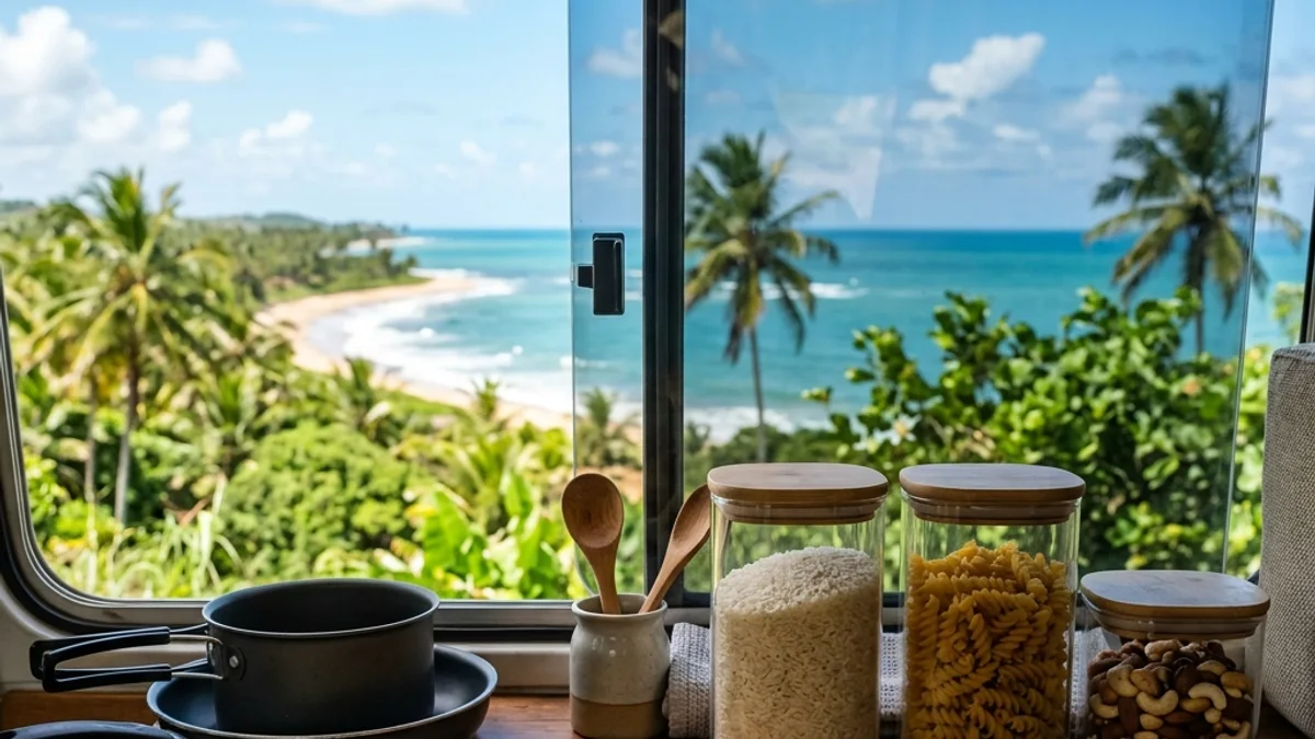 Bancada de cozinha de motorhome organizada com potes de mantimentos, tábua de bambu e panelas, com vista para uma praia brasileira ao fundo