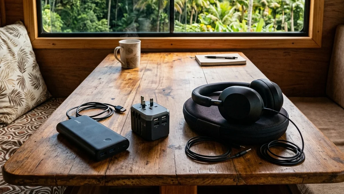 Power bank, adaptador de tomada e fones de ouvido organizados na mesa de um motorhome com vista tropical brasileira