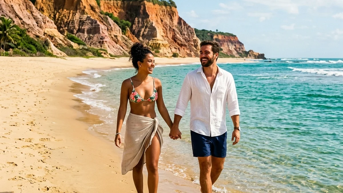 Casal feliz caminhando de mãos dadas numa praia paradisíaca do Nordeste brasileiro com falésias coloridas ao fundo e águas cristalinas