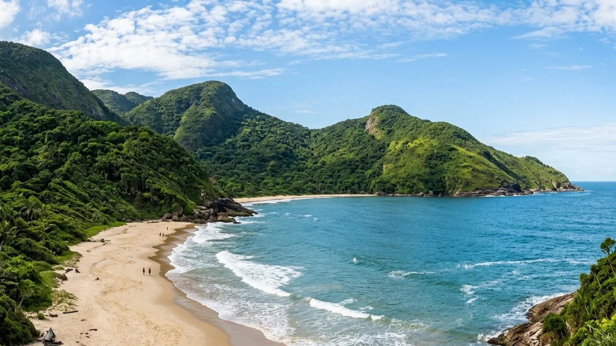 Vista panorâmica de uma praia do sul do Brasil cercada por morros verdes e natureza exuberante