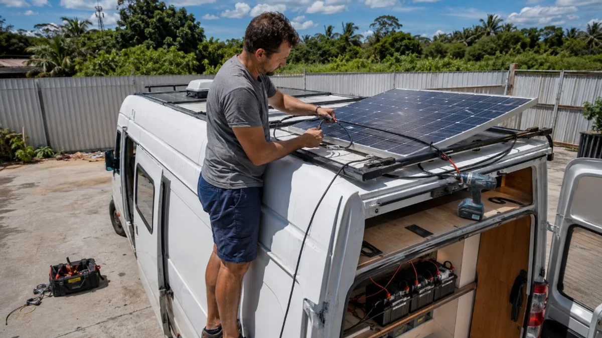 Homem instalando painéis solares e bateria estacionária no teto de van branca em oficina ao ar livre no Brasil