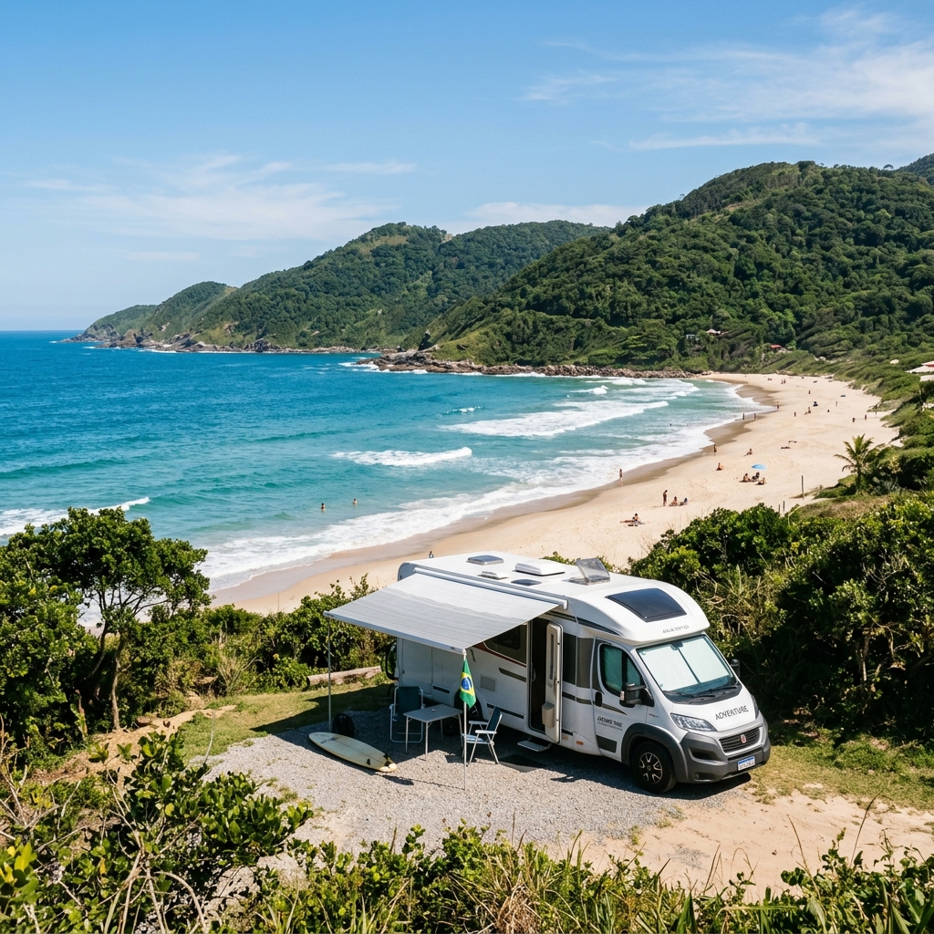 Motorhome estacionado próximo a uma praia de águas claras e morros verdes no litoral de Santa Catarina, em um dia ensolarado