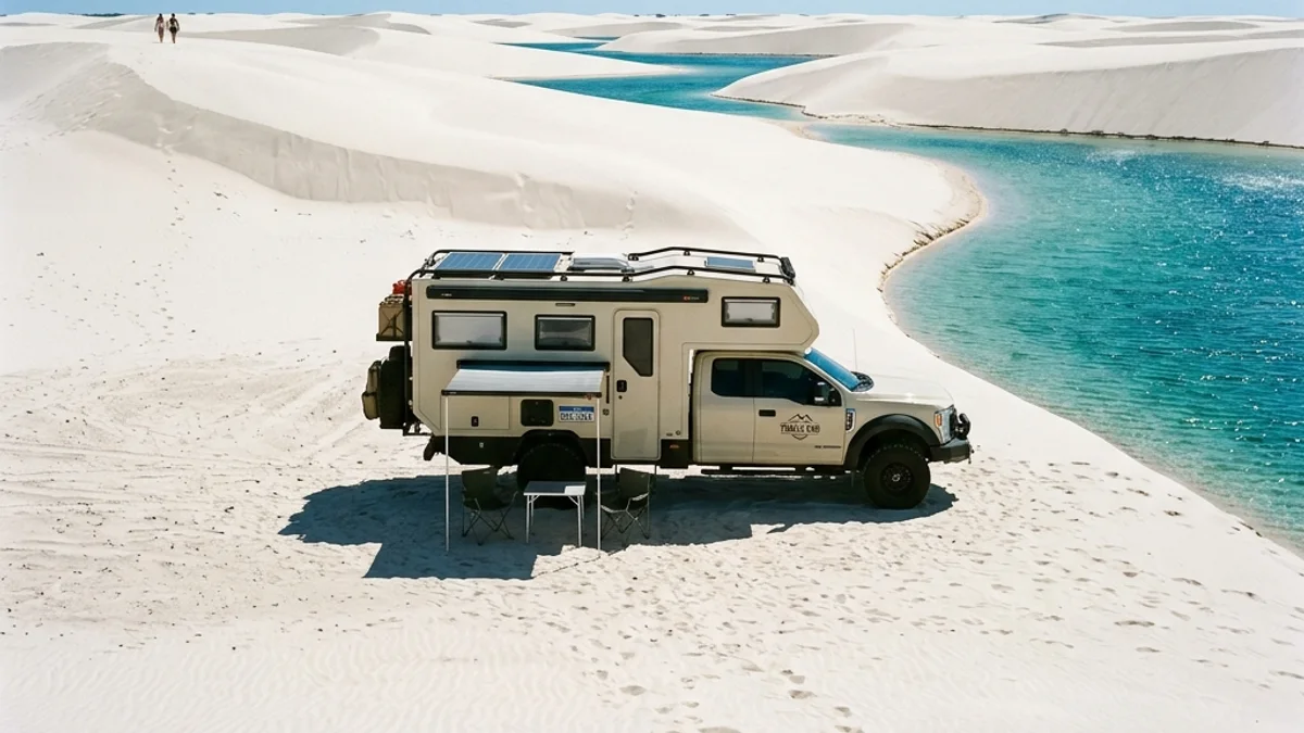 Motorhome estacionado próximo às dunas brancas e lagoas de águas cristalinas dos Lençóis Maranhenses
