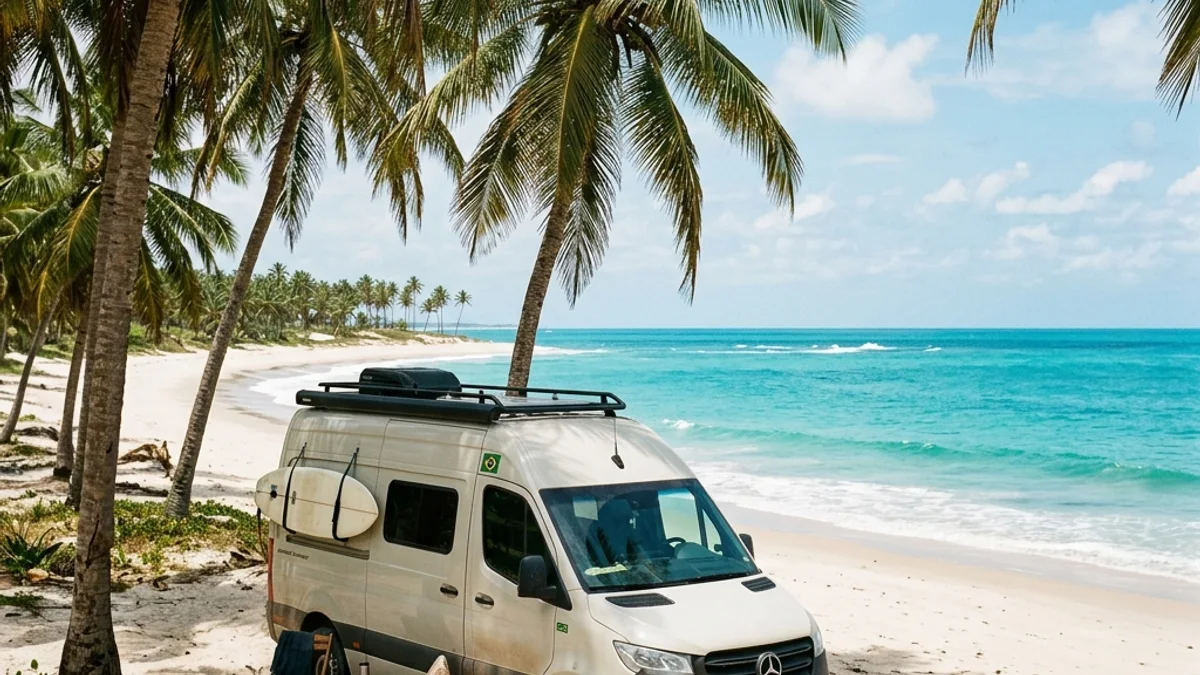 Motorhome estacionado sob coqueiros em uma praia de areia branca e mar turquesa no litoral do Nordeste