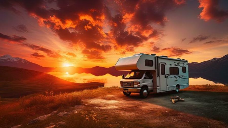 Motorhome estacionado em área de camping durante o pôr do sol, usado como imagem destacada do artigo