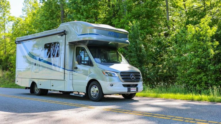 Motorhome branco parado em estrada com vegetação ao redor, usada como imagem destacada do artigo