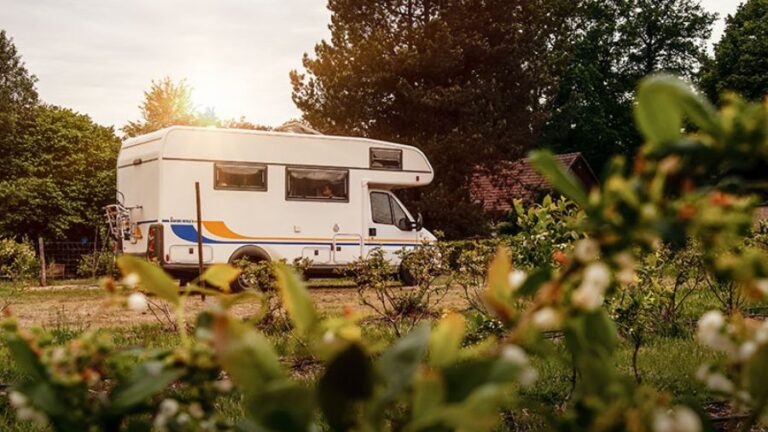 Motorhome estacionado em área de camping cercada por vegetação, usada como imagem destacada do artigo