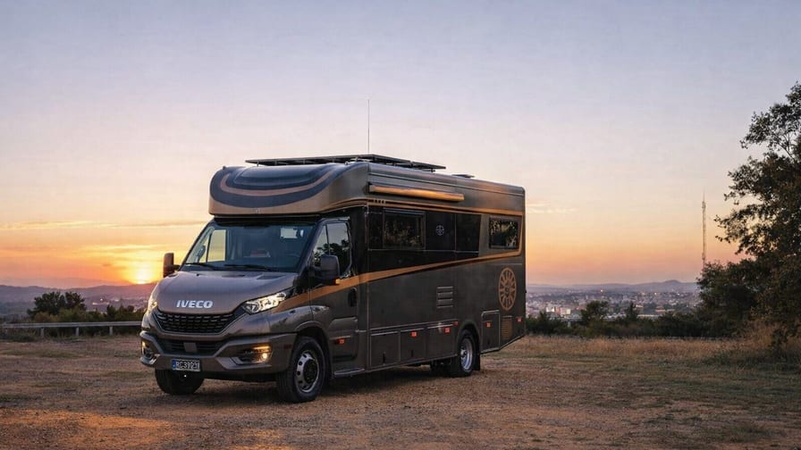 Motorhome Classe A de grande porte estacionado ao pôr do sol em área aberta no Brasil, com foco no veículo e cenário natural ao fundo.